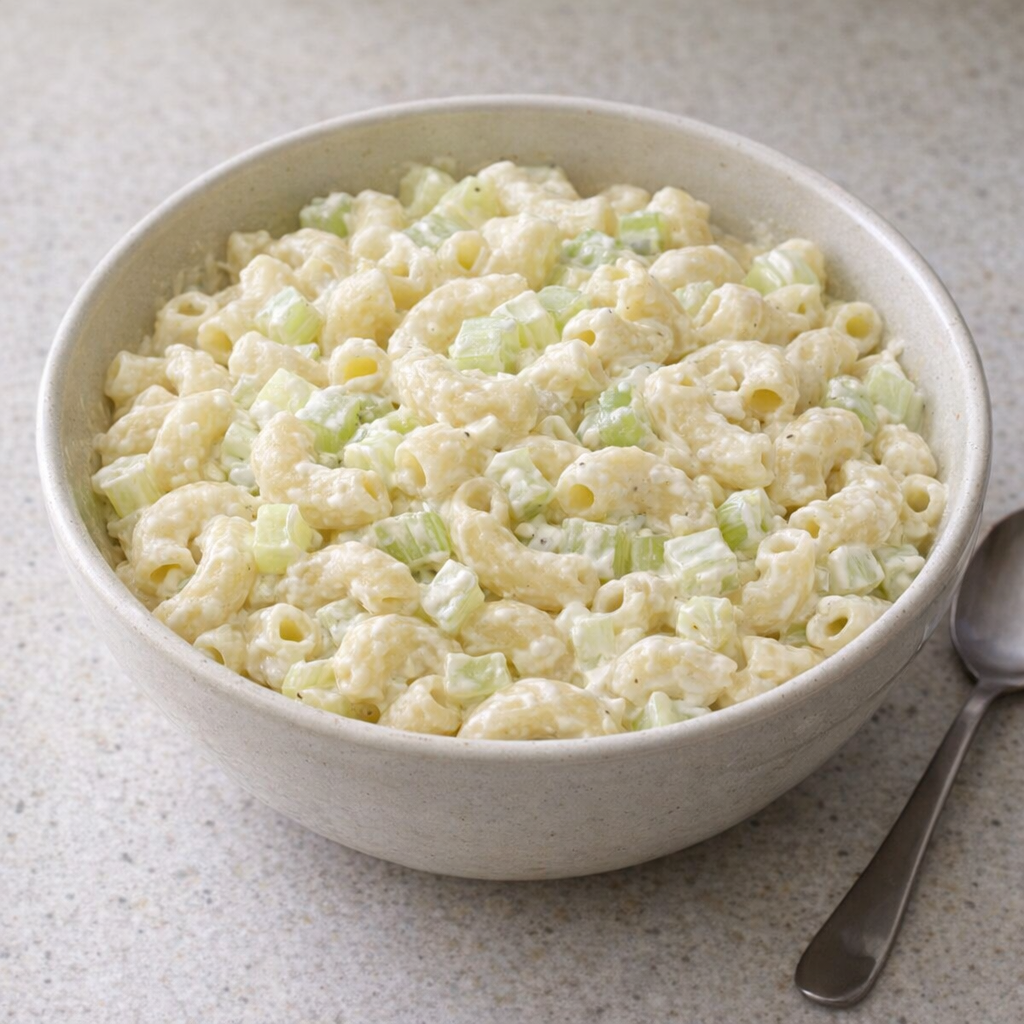 Bowl of simple macaroni salad on a kitchen counter