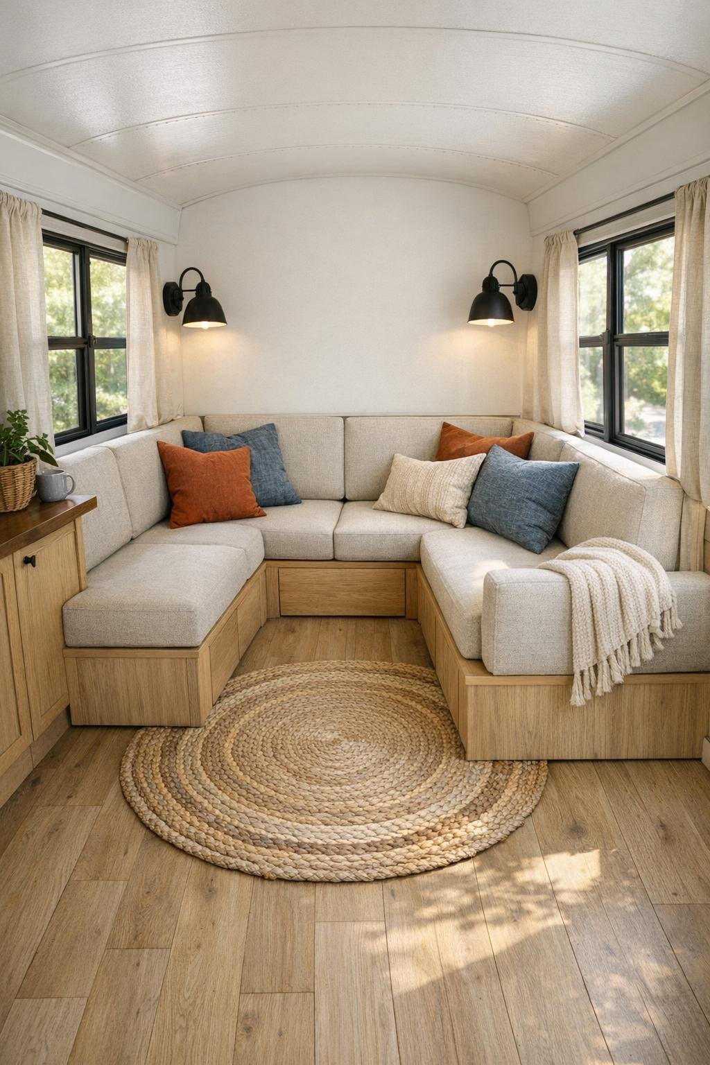 Warm bus living room with built-in bench seating and pale wood finishes