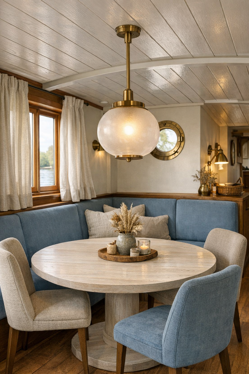 Cozy dining area on a Dutch barge houseboat with round oak table and blue banquette