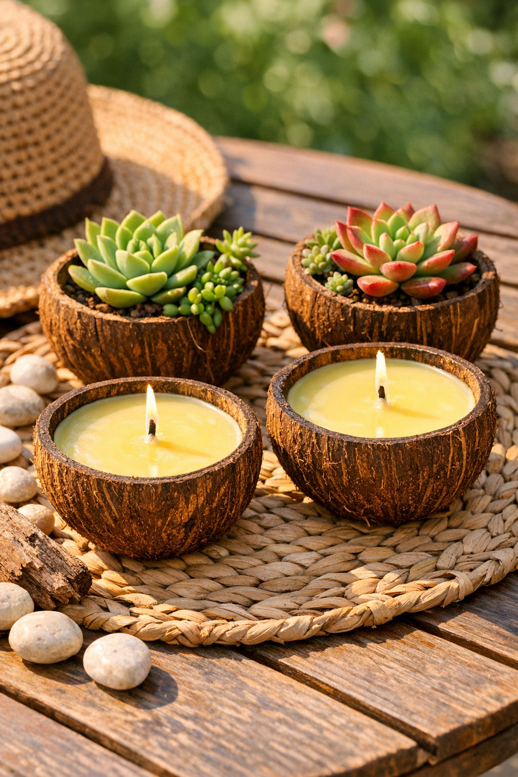 Finished citronella candle and planter coconut shell arrangement