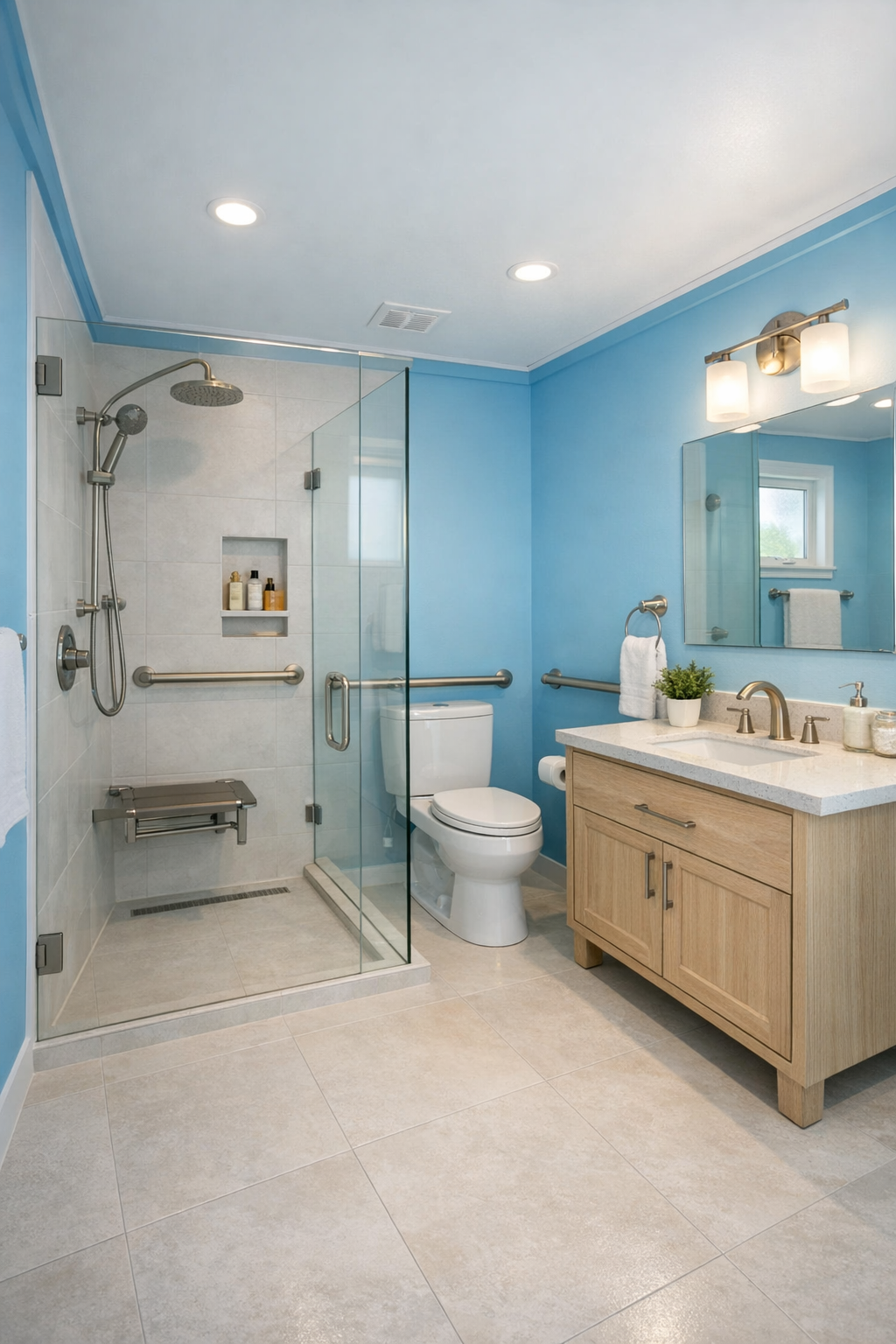 Calm accessible bathroom with curbless shower, pale oak vanity, and soft stone-look finishes