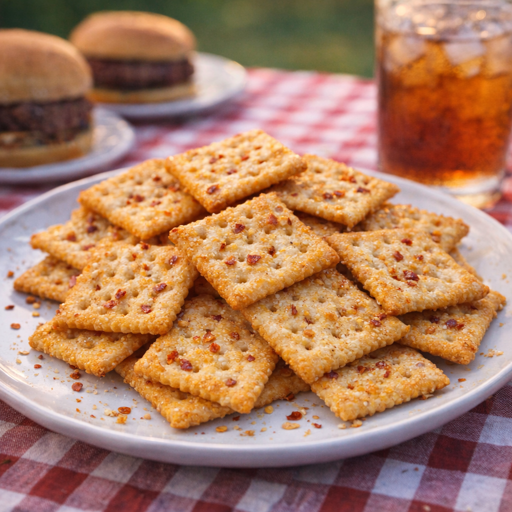 Spicy saltines on a serving platter for a cookout