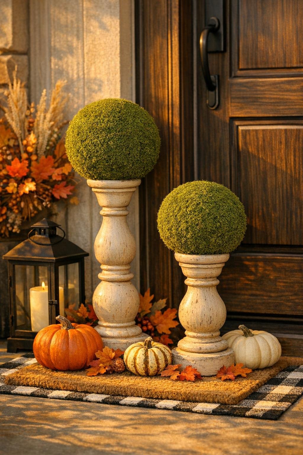 Completed autumn front door display made from wooden candlesticks and faux moss balls