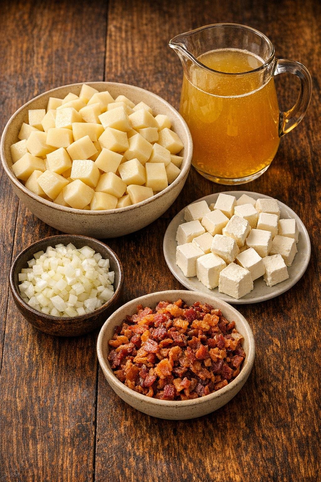 Blokjes aardappel, ui, bouillon, roomkaas en spek op een aanrecht.