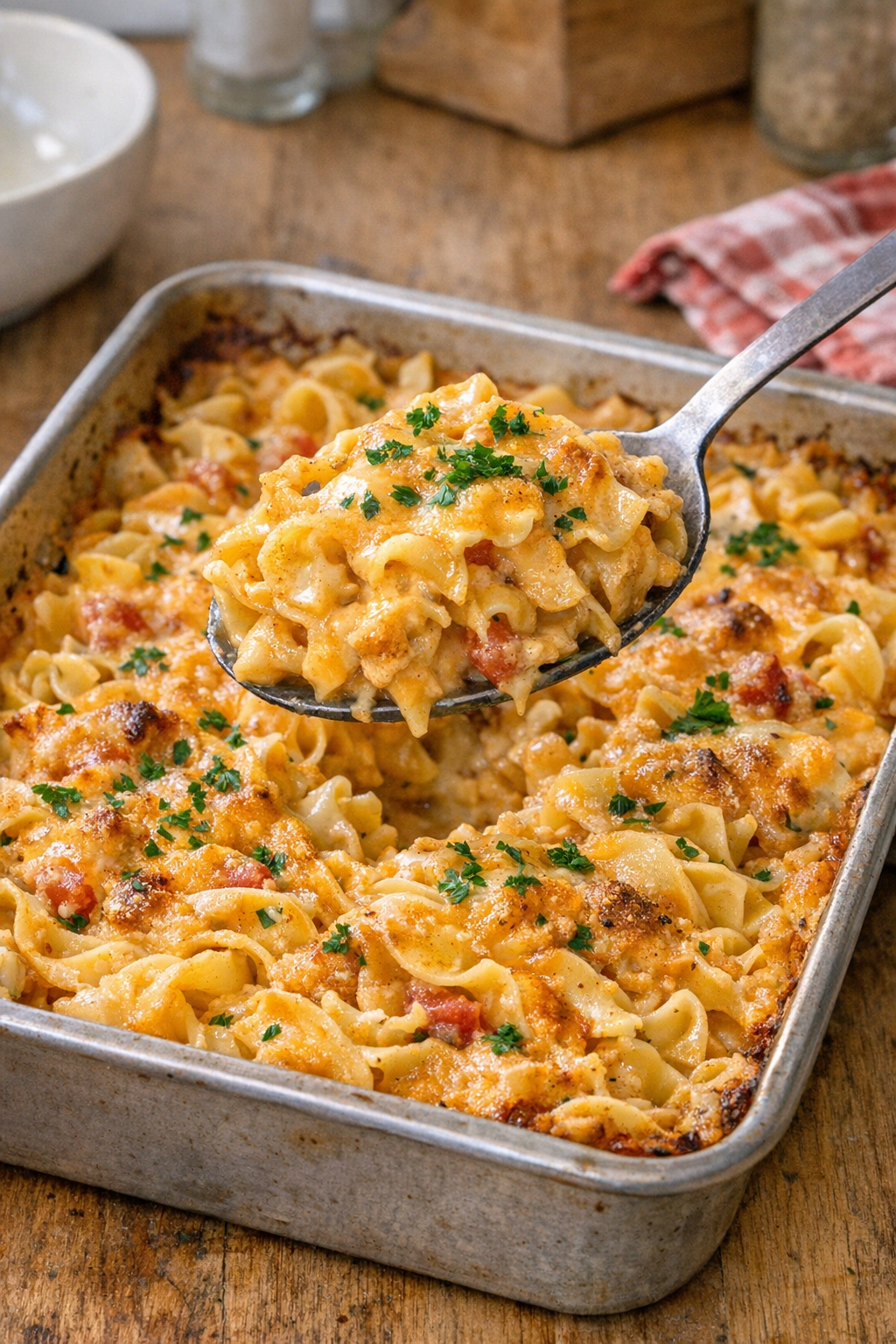 Finished baked chipotle cheddar noodles in a casserole dish