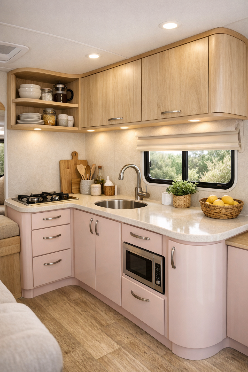 Compact accessible RV kitchen with blush cabinets, light counters, and warm wood accents
