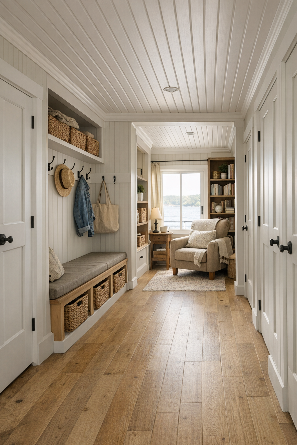 Thoughtful secondary spaces with built-in storage and a cozy reading nook inside the houseboat