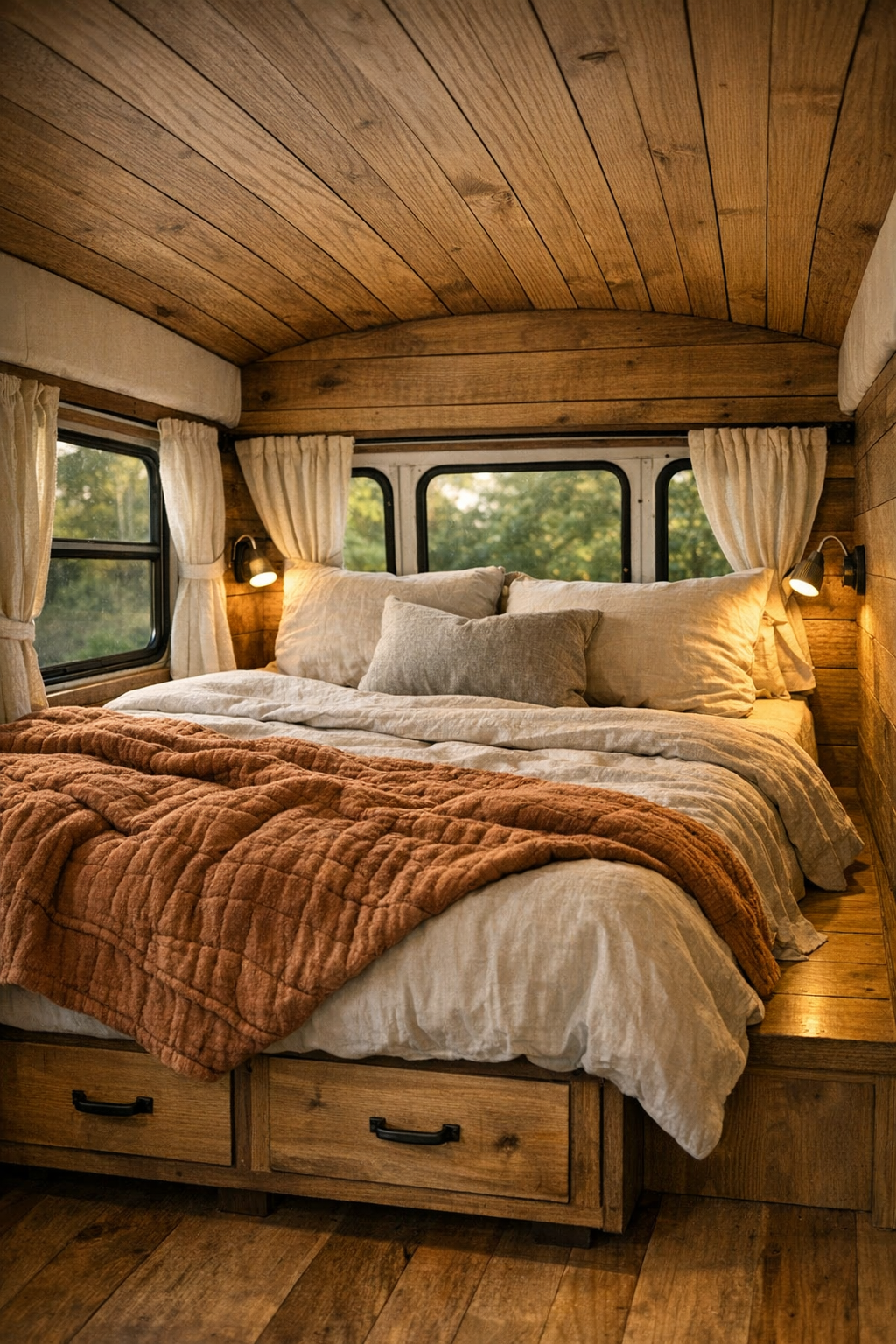 Quiet bus bedroom with built-in bed platform, layered bedding, and wood accents