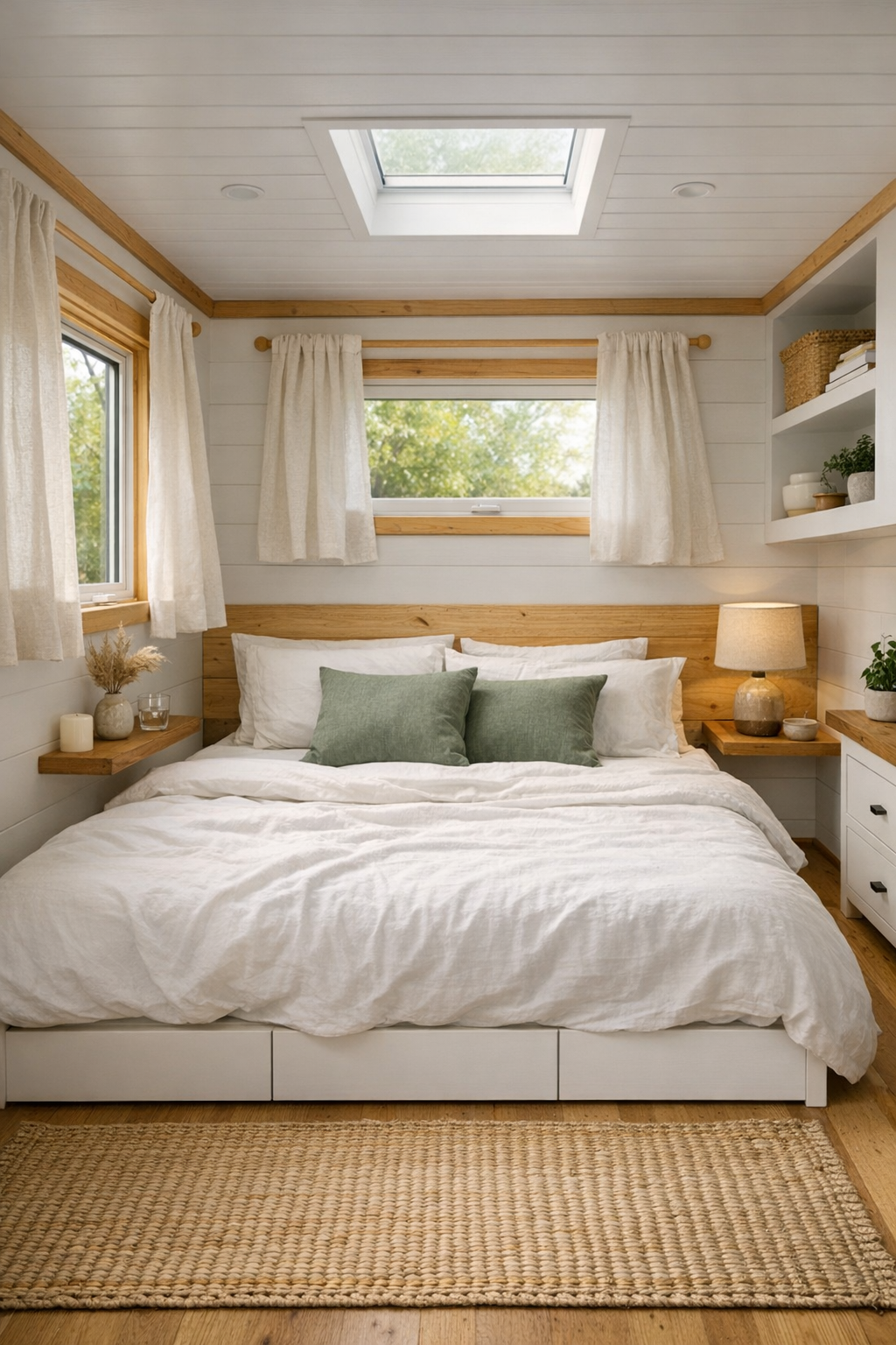 Calm tiny home bedroom with low platform bed, white bedding, and soft green accents
