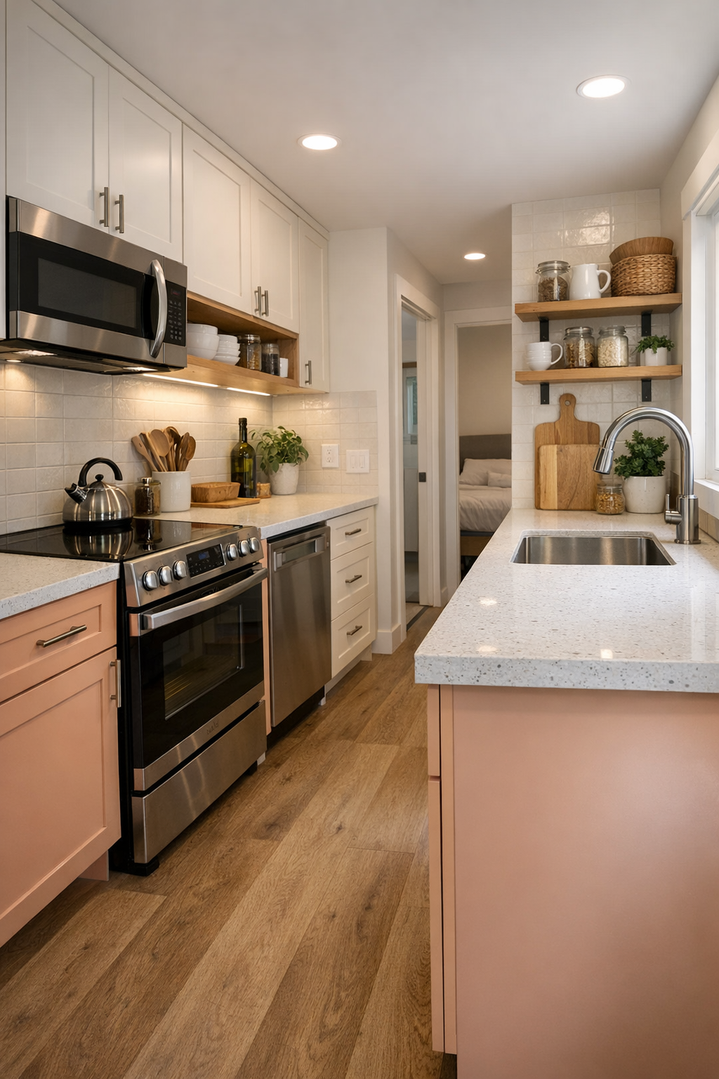 Modern accessible tiny home kitchen with soft peach cabinetry and light quartz counters