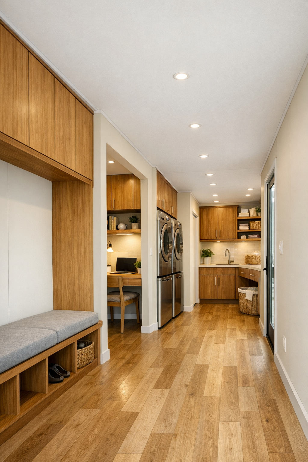 Bright hallway and office nook with built-in storage, warm wood finishes, and wide clear pathways