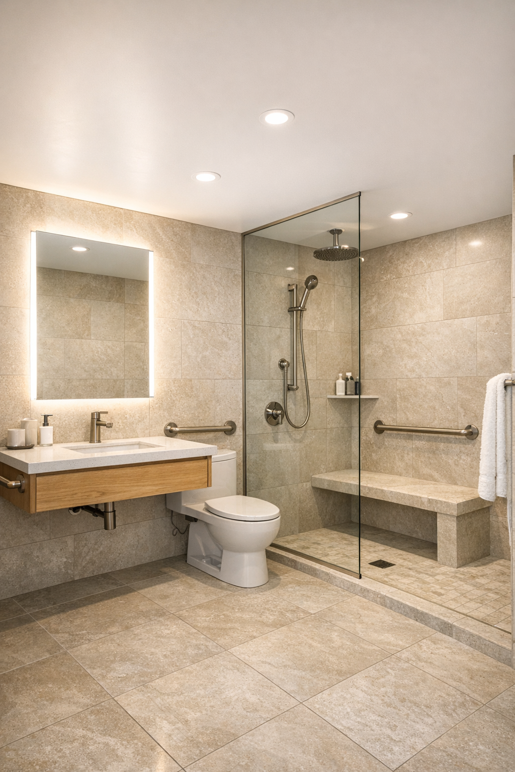 Warm modern bathroom with a curbless shower, oak vanity, and limestone-toned tile