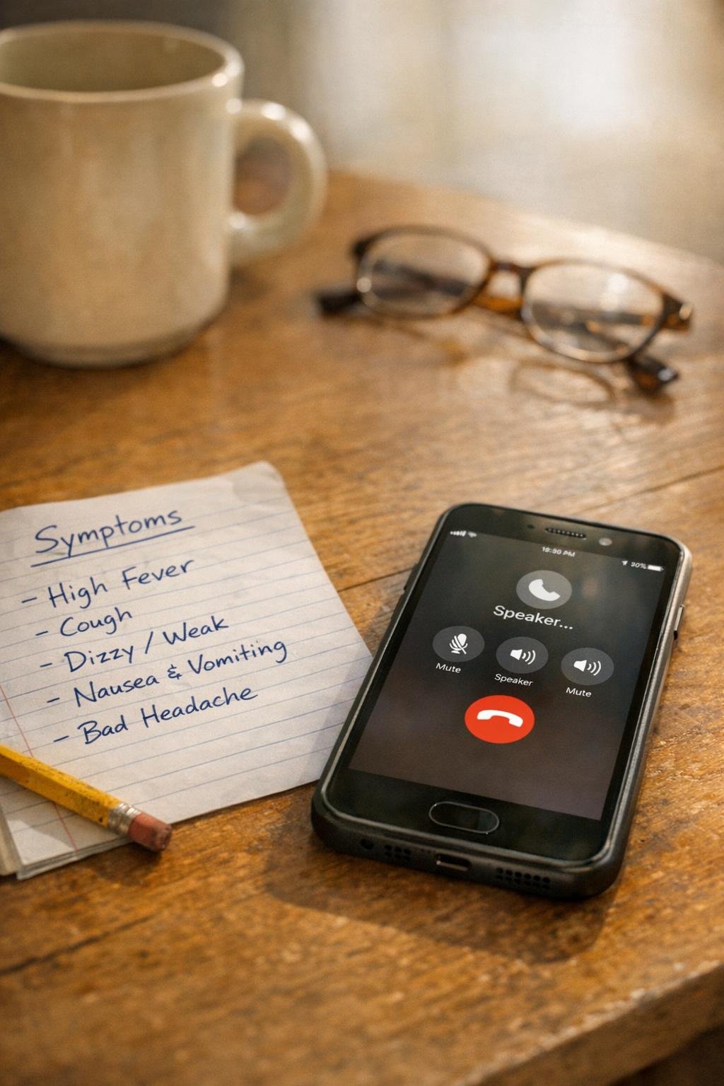 Smartphone on a kitchen table next to a handwritten symptom list