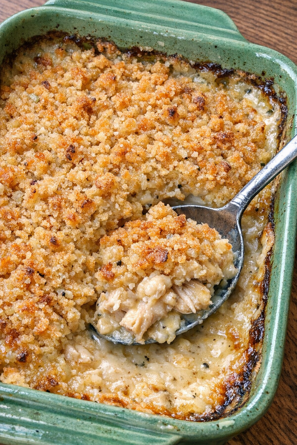 Creamy chicken casserole with golden topping in a vintage green dish