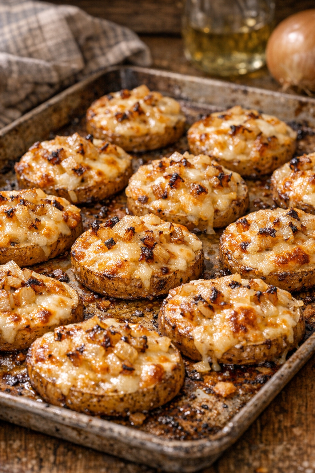 Freshly baked potato bites on baking sheet