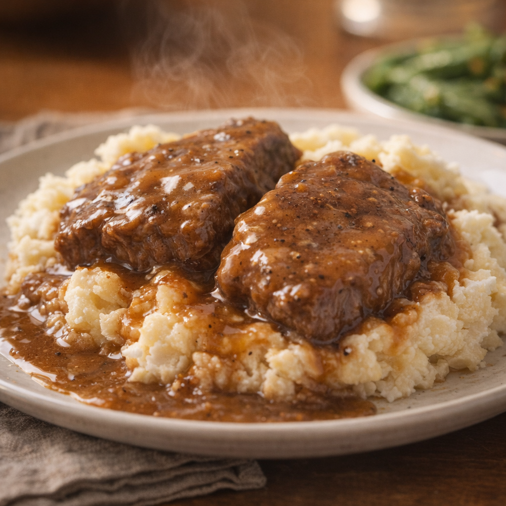 Cubed steak and gravy served over mashed potatoes