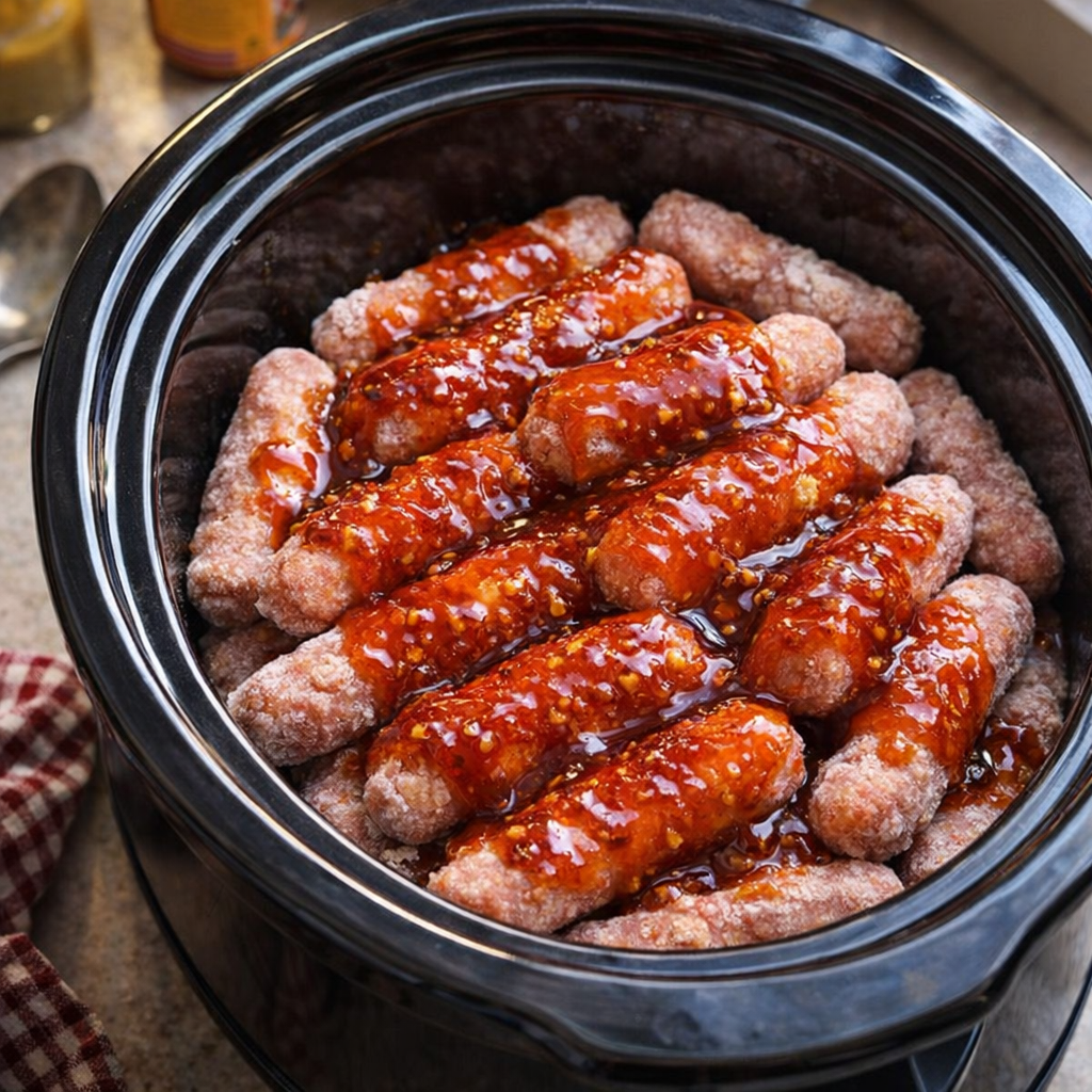 Slow cooker filled with frozen sausage links and glossy sauce