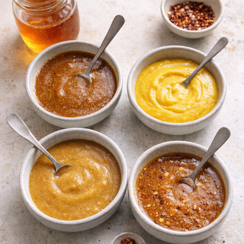 Small bowls of mustard glaze variations on a kitchen counter