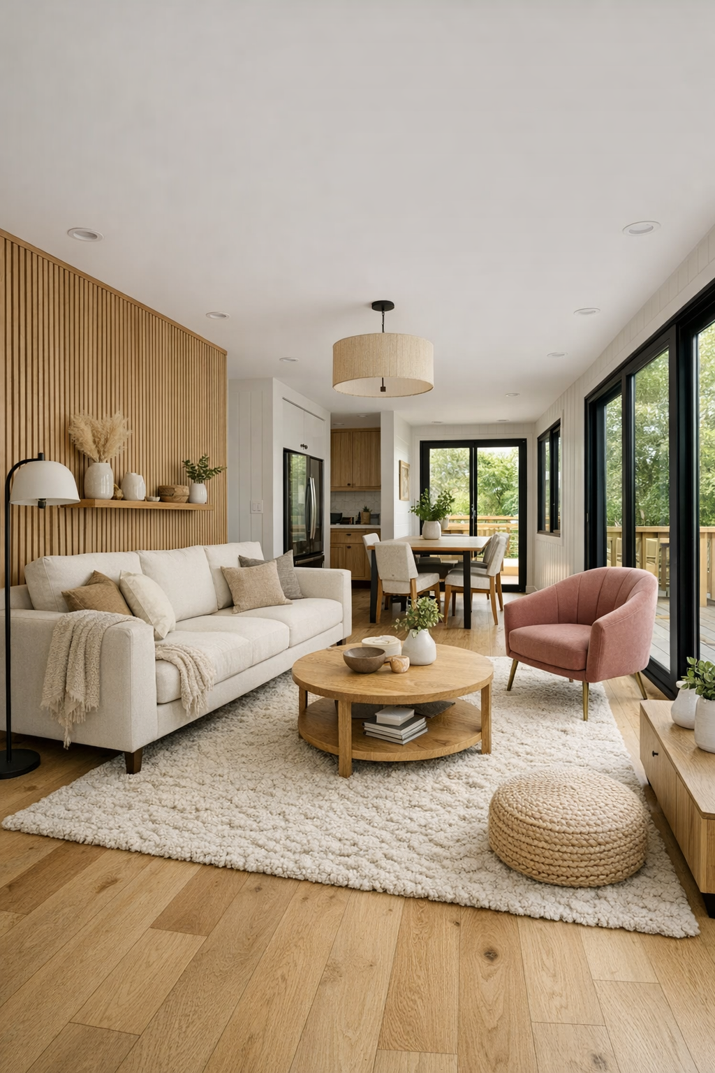 Bright accessible living room with dusty rose accents and white oak flooring