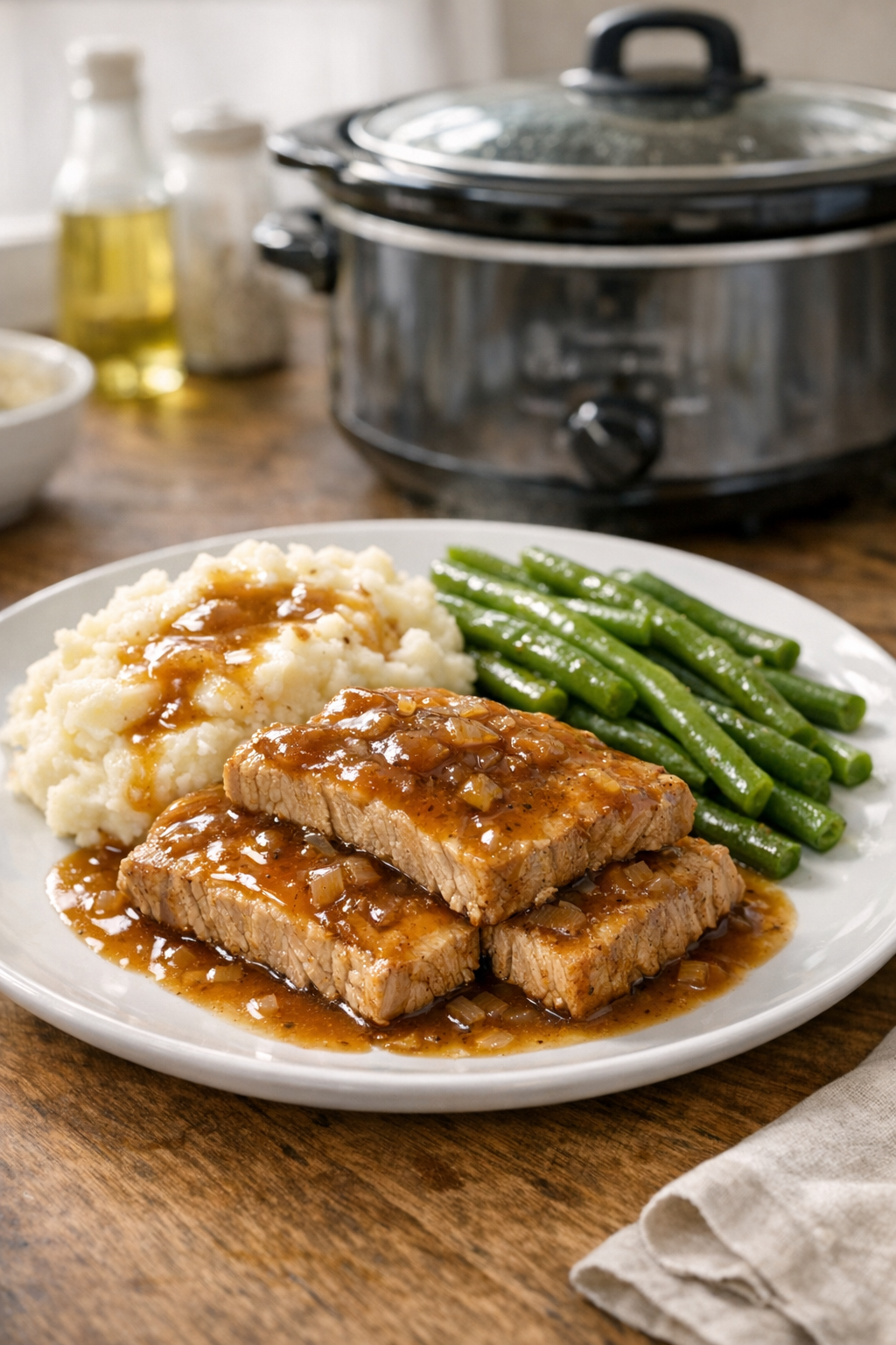 Finished slow cooker pork cutlets plated with sauce
