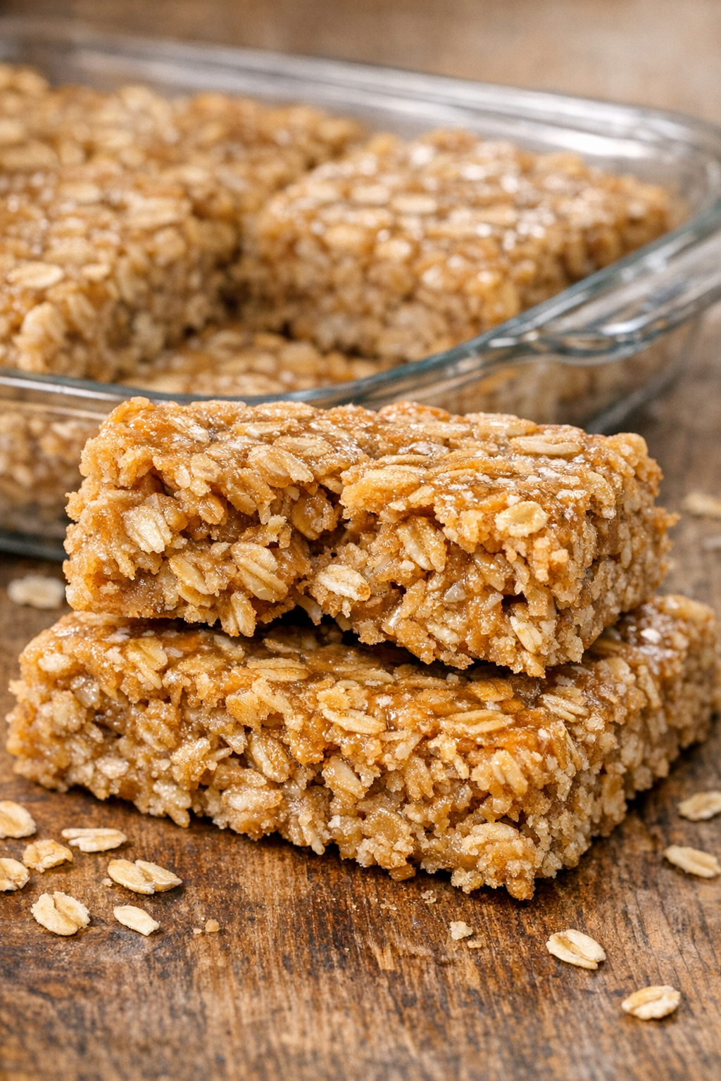 Peanut butter oat bars highlighting hearty rolled oat texture