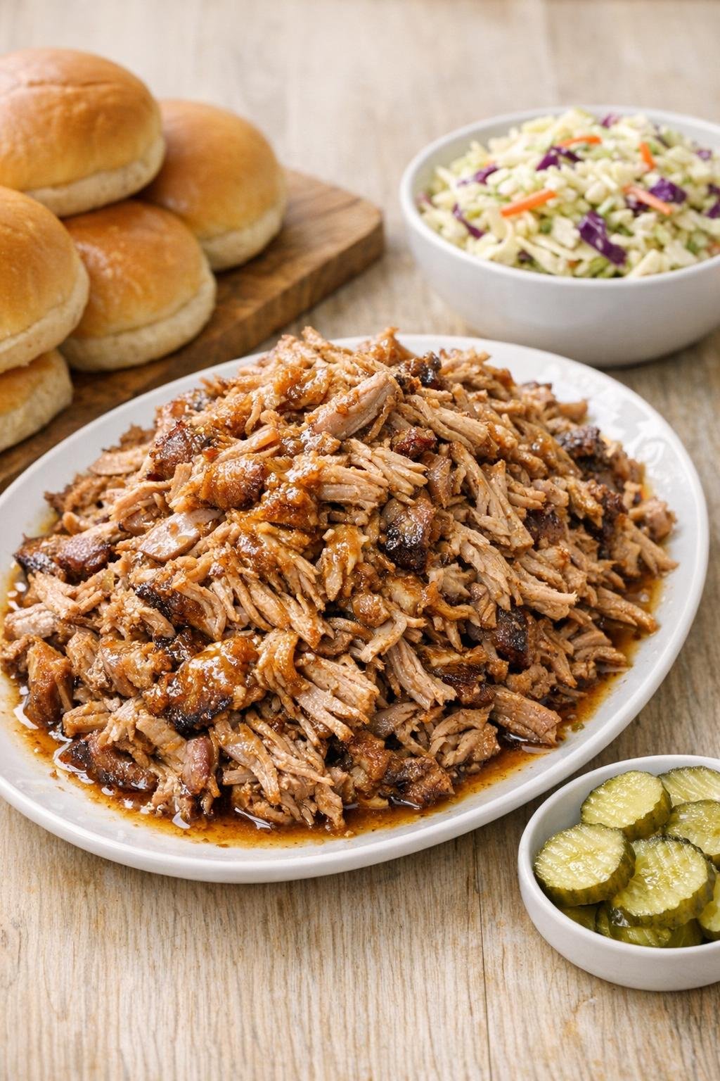 Finished shredded pork on a platter with buns and coleslaw