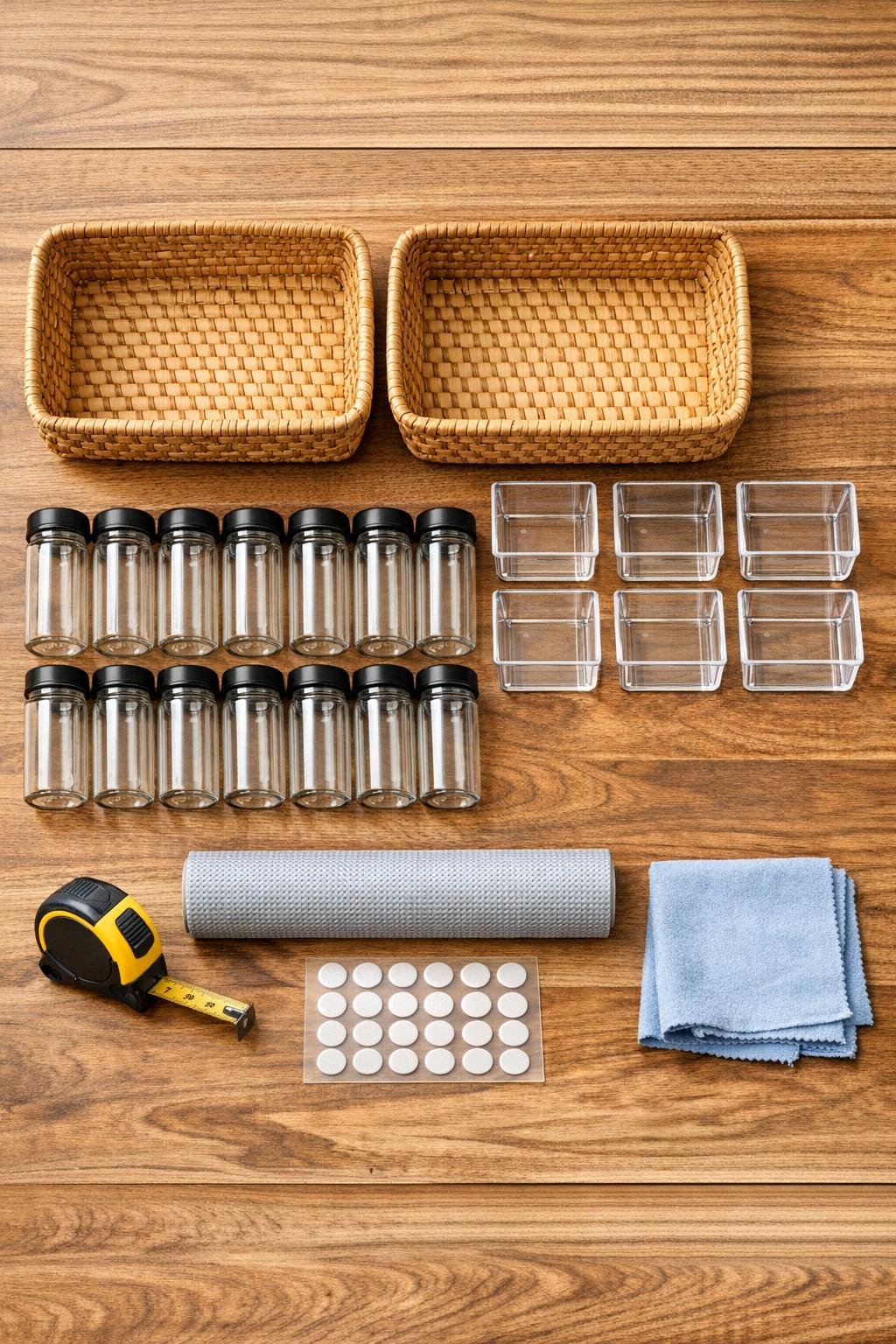 Materials for a spice drawer organizer laid out on a table