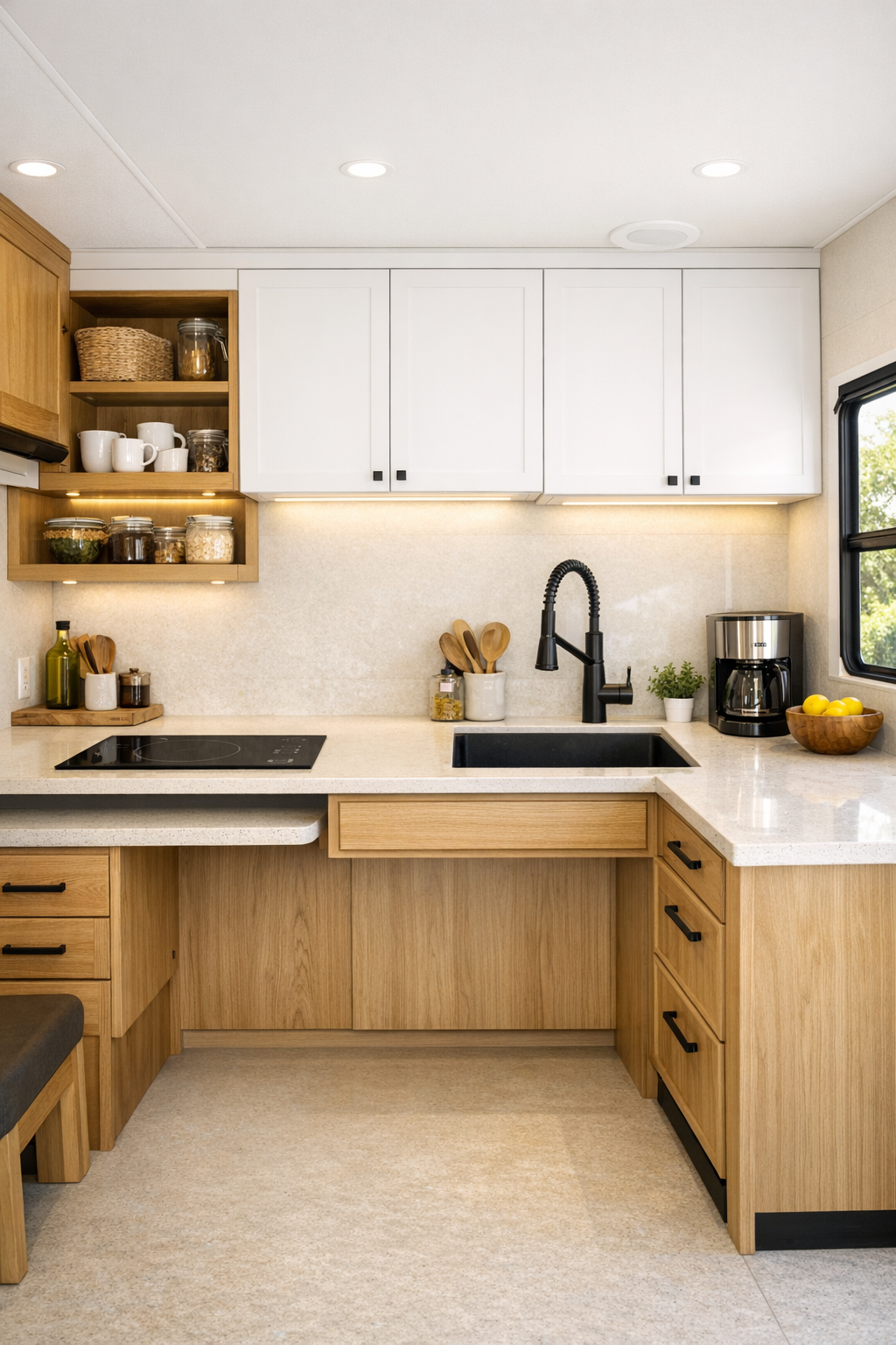 Compact accessible RV kitchen with pale oak cabinetry and creamy quartz counters