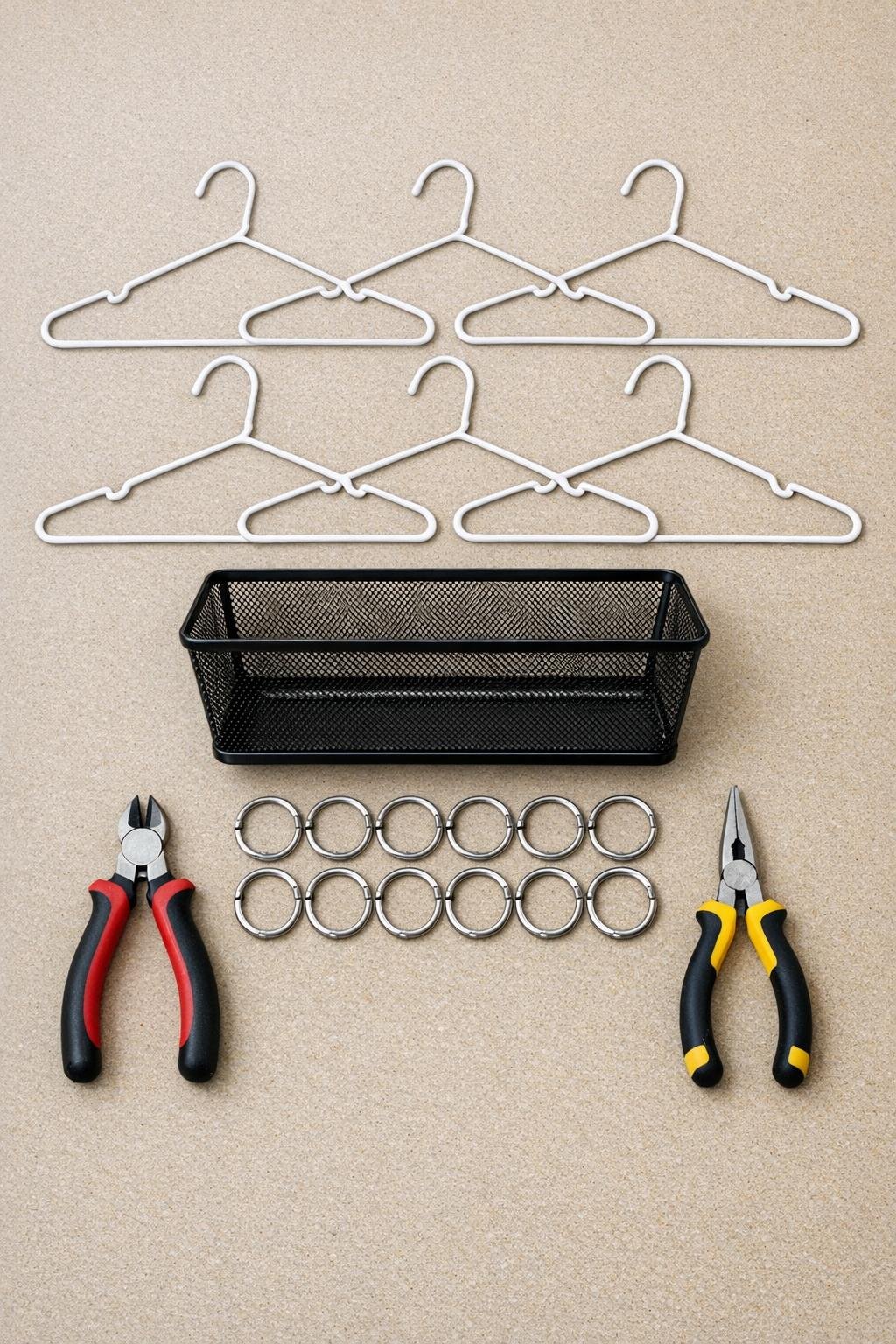 Wire coat hangers, shower rings, and a mesh basket laid out as materials for a garden clip organizer