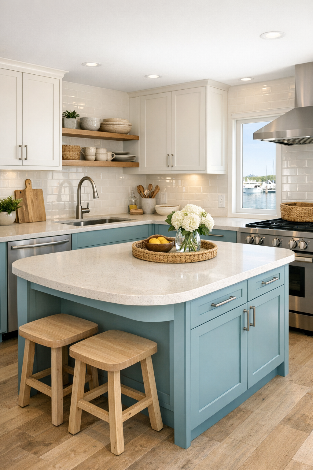 Accessible coastal kitchen with creamy cabinetry, sea-glass blue lower drawers, and a pale quartz island