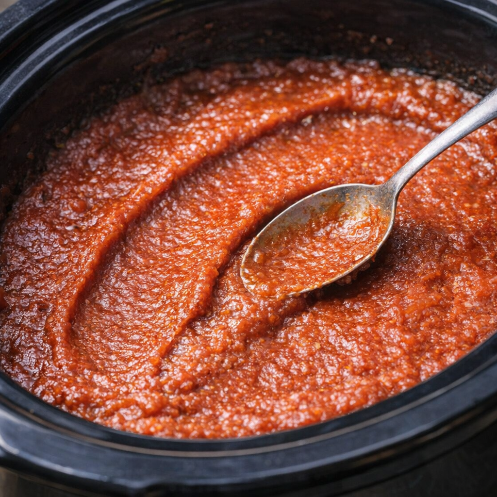 Close side angle of tomato sauce spread across the bottom of a slow cooker