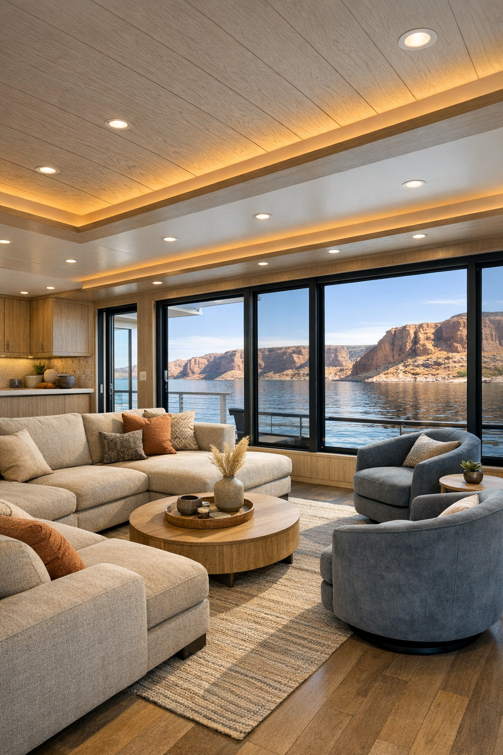 Bright contemporary houseboat living room with lake views, pale wood flooring, and low-profile seating