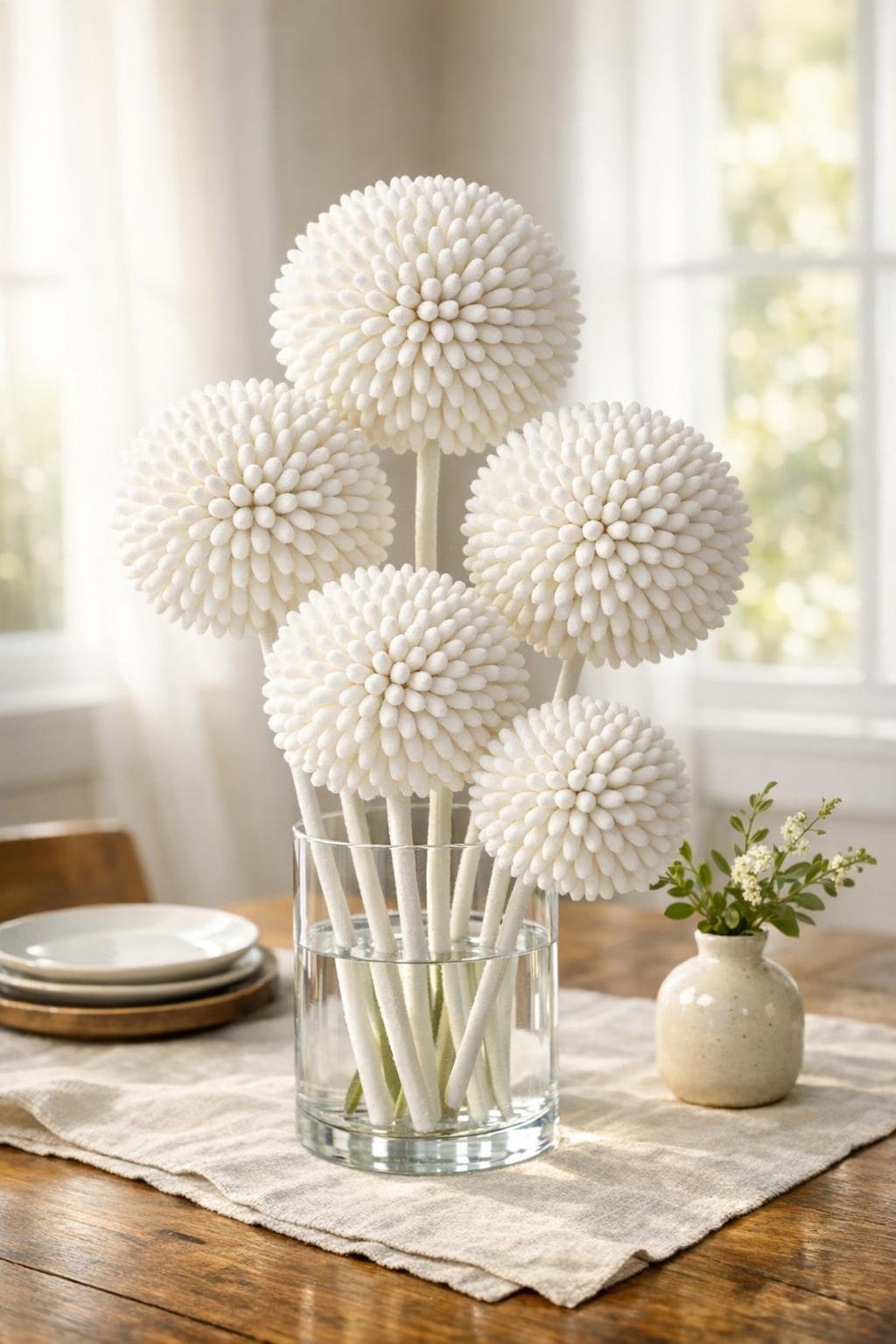 Finished cotton swab dandelion spheres displayed in a vase