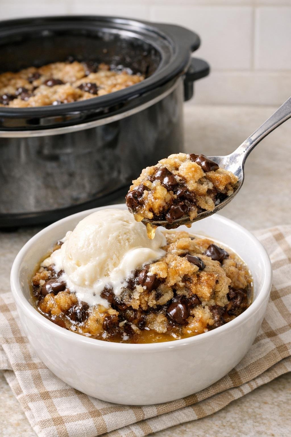 Warm slow cooker cookie dough dessert served in a bowl