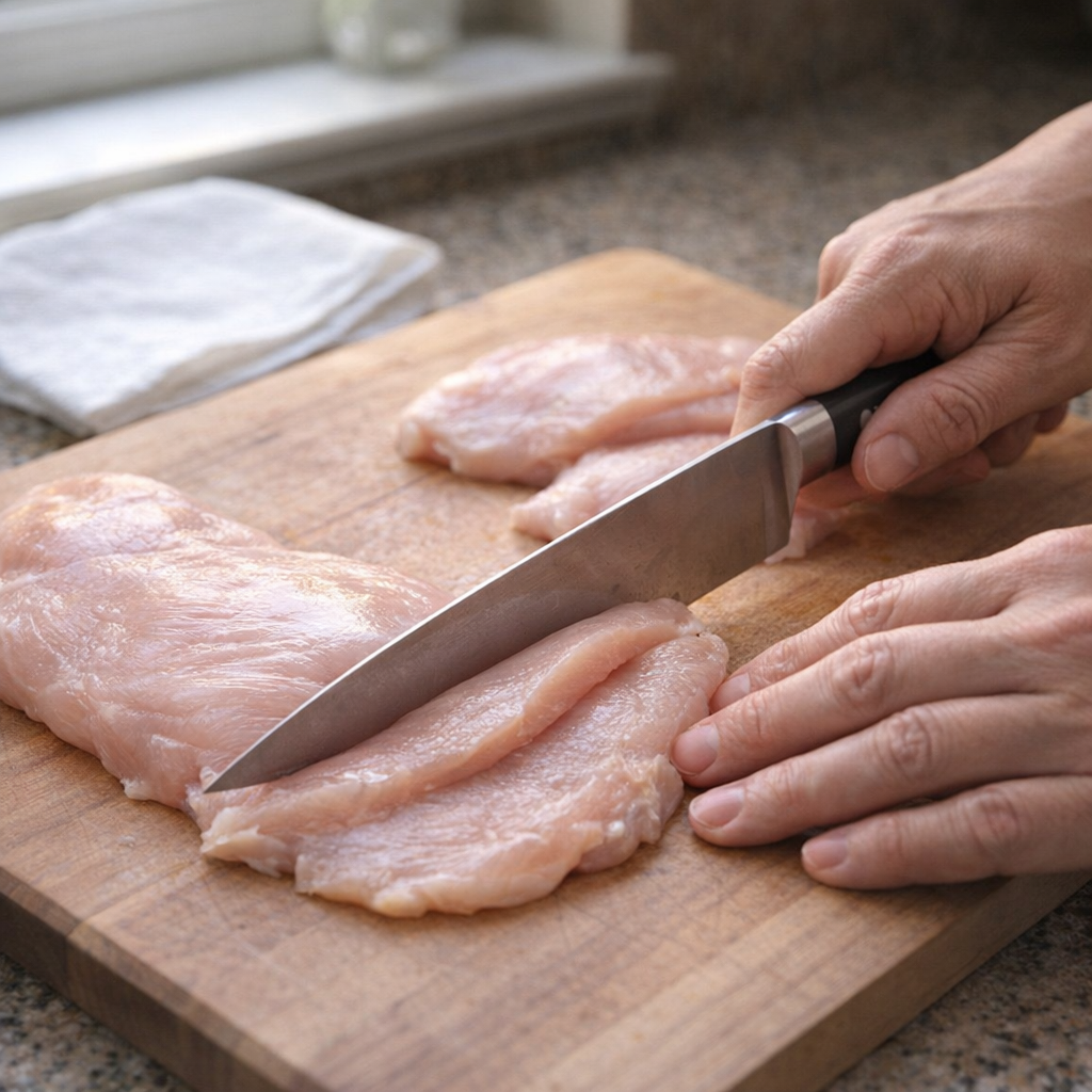 Chicken breasts being sliced into thin cutlets