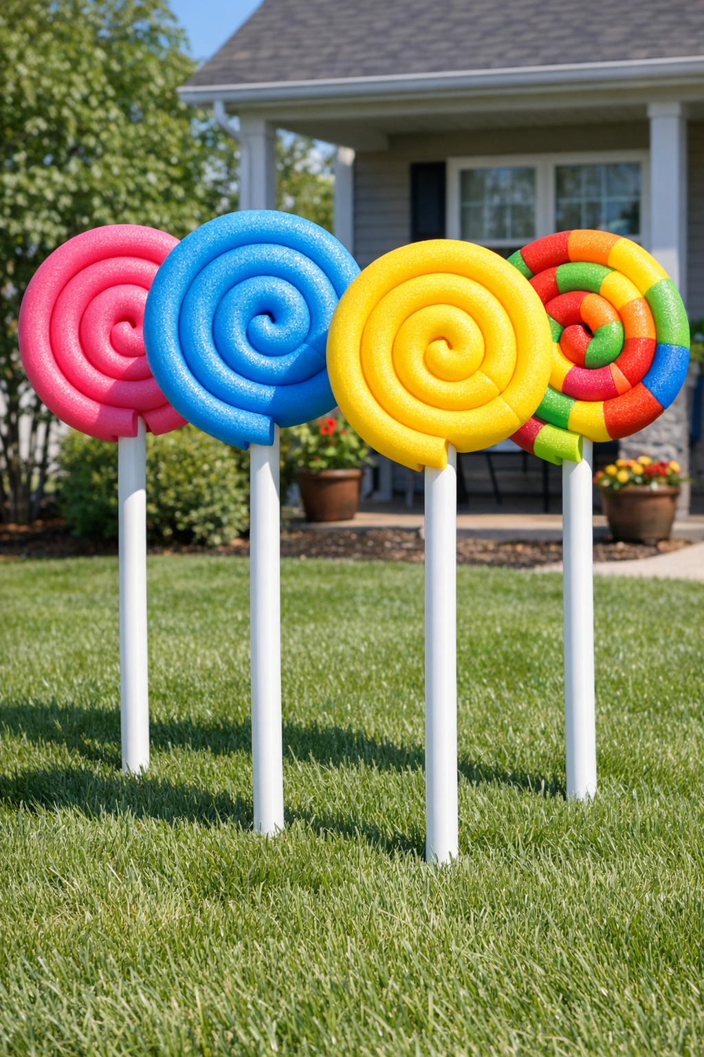 Finished giant front yard lollipops made from colorful pool noodles and white PVC pipes