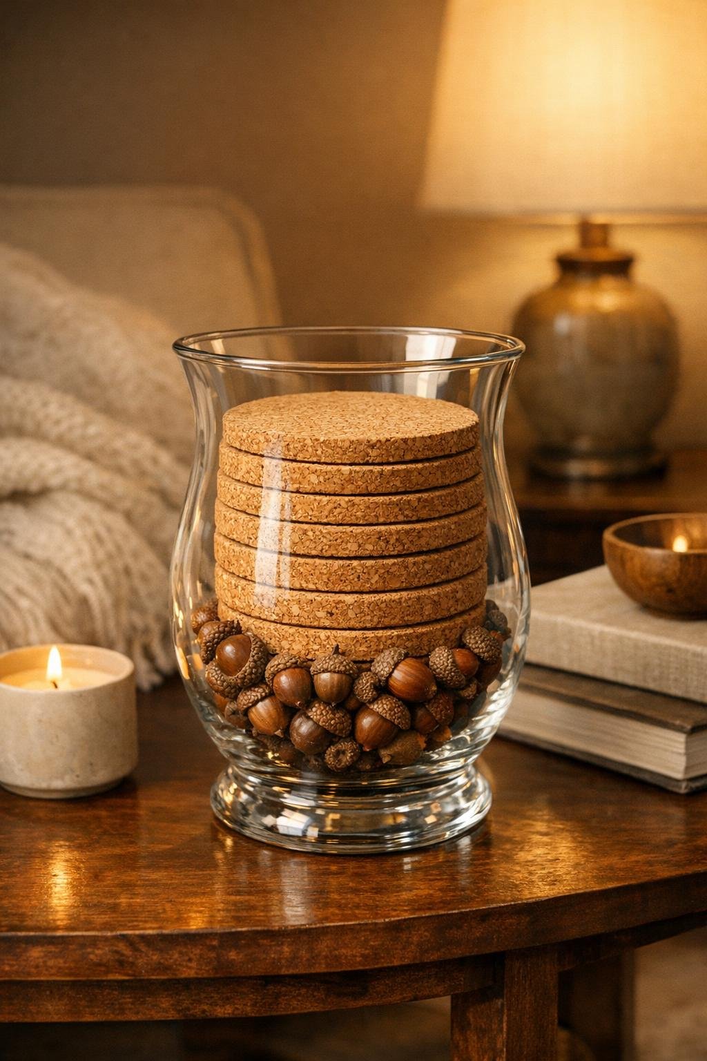 Finished cork coaster holder in a glass hurricane vase filled with acorns