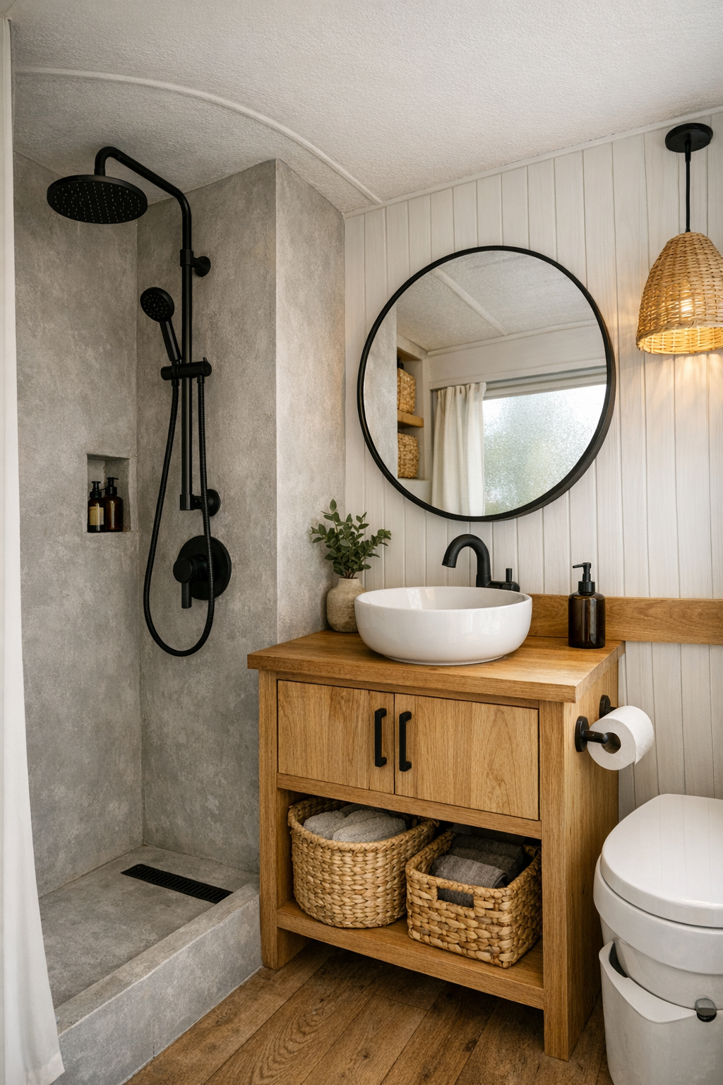 Small rustic bus bathroom with oak vanity and gray shower