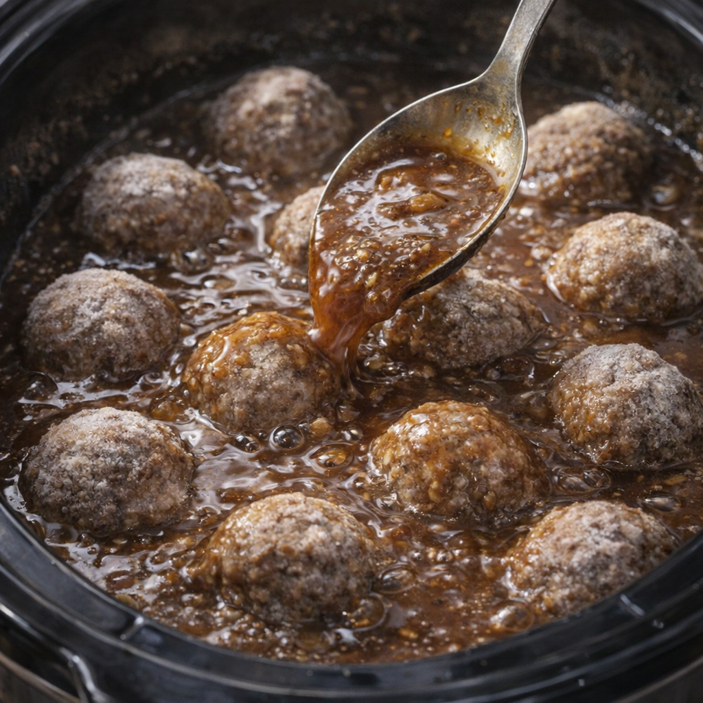 Meatballs covered with gravy in the slow cooker