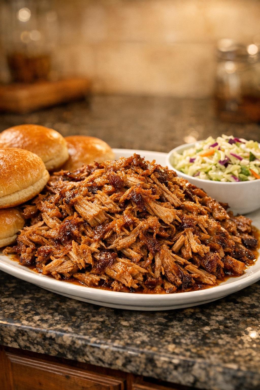 Finished brown sugar pulled pork plated for serving
