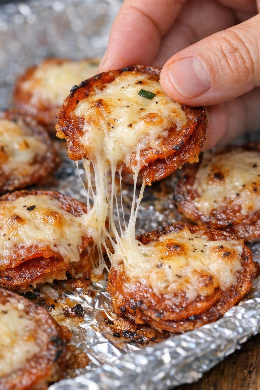 Low carb pepperoni rutledge bites on a foil tray