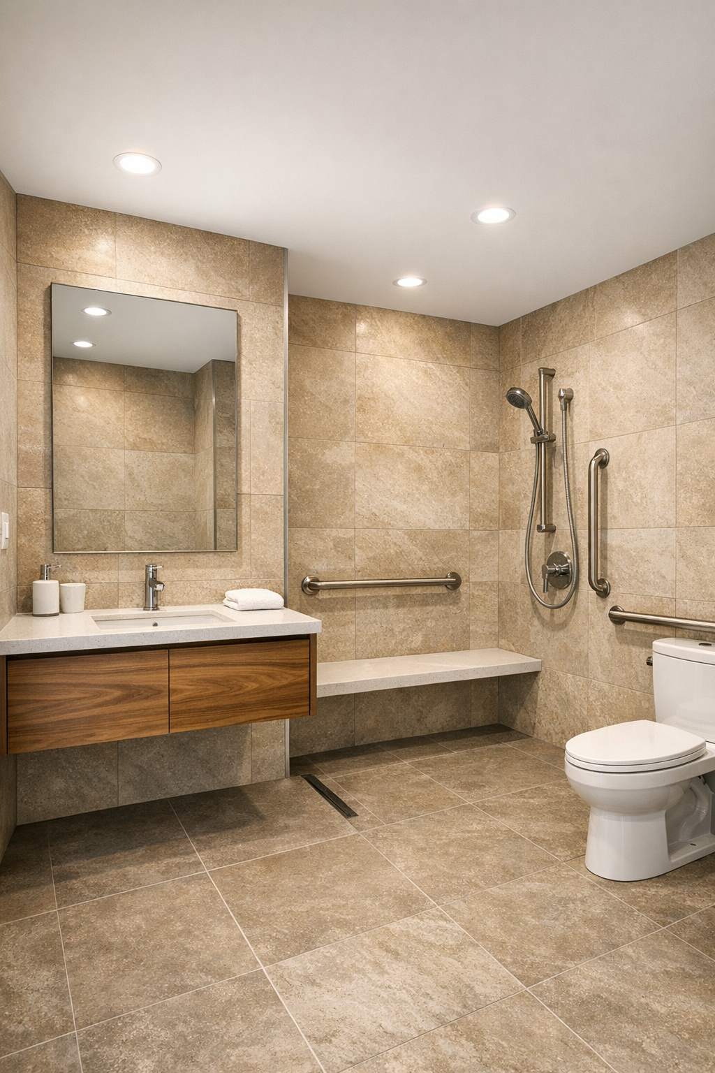 Modern accessible bathroom with curbless shower, warm tile, and wood vanity