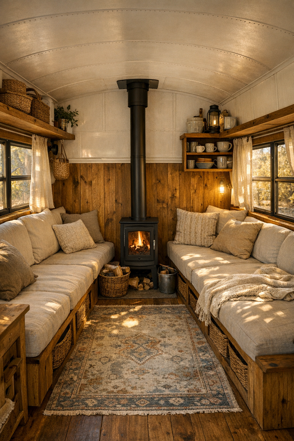 Rustic converted bus living room with built-in bench seating and wood stove
