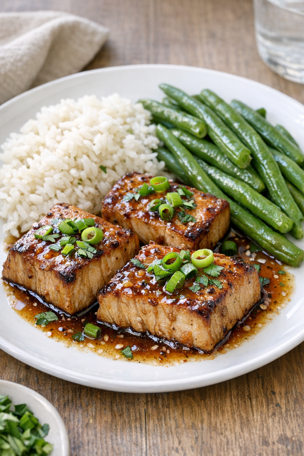 Baked skipjack tuna plated with pan sauce