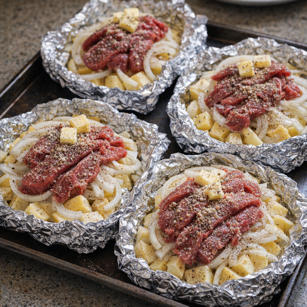 Foil packets being assembled on a sheet pan