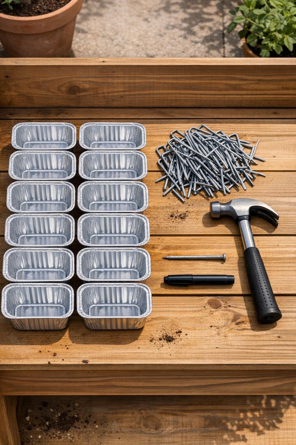 Aluminum loaf pans, landscape staples, hammer, nail, and marker laid out on a potting bench