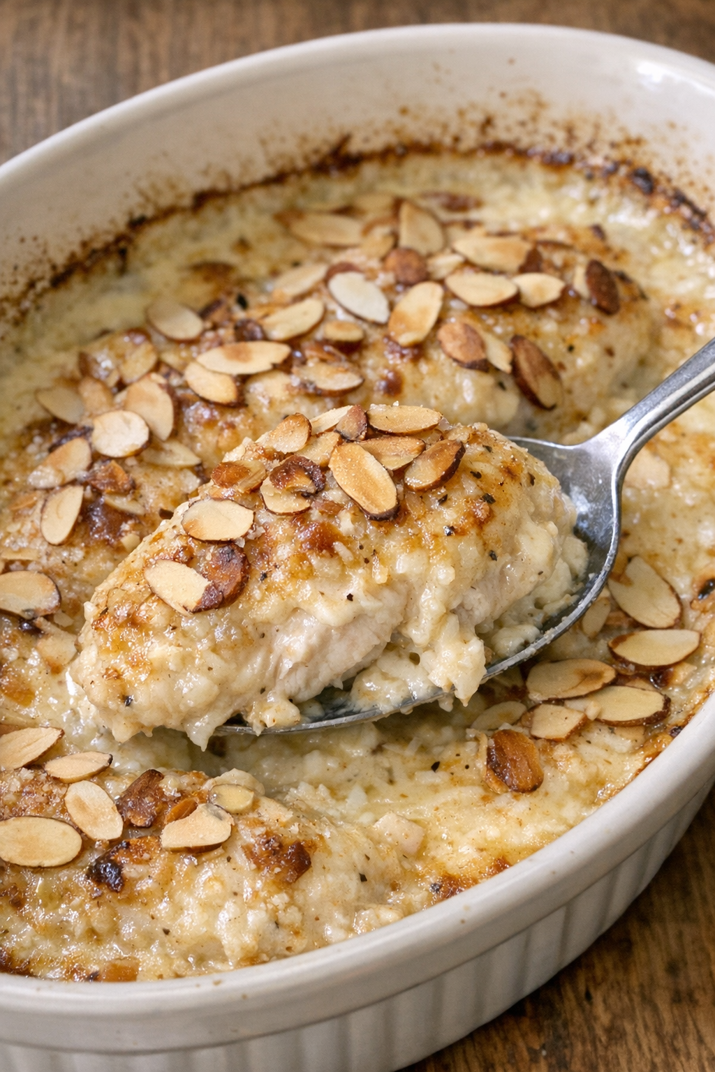 Golden chicken breasts with toasted almonds in creamy sauce