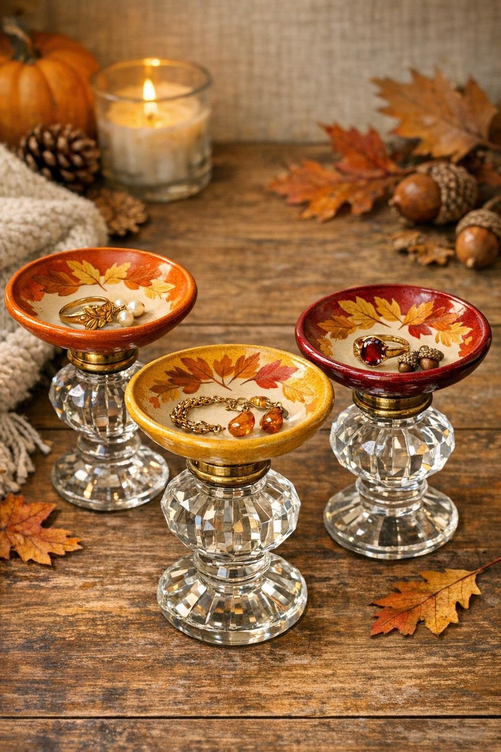 Three finished autumn jewelry dishes made from old glass doorknobs