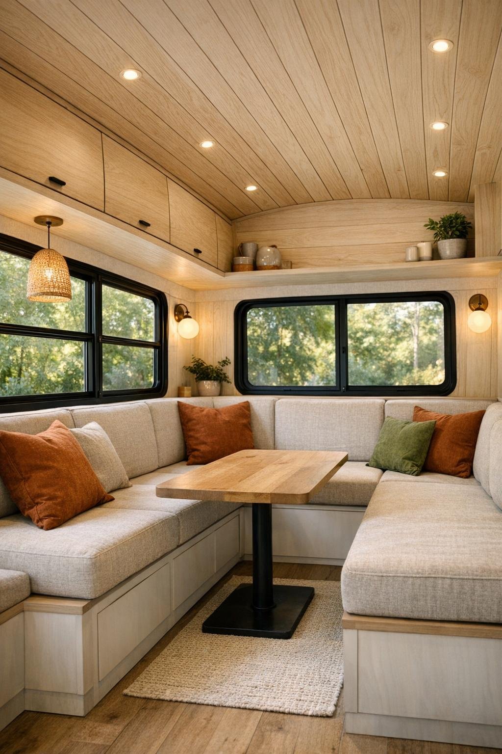 Compact bus living room with pale wood paneling, built-in seating, and soft neutral textiles