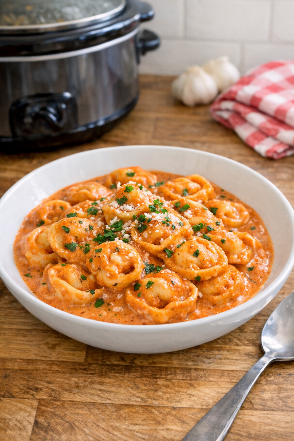 Finished plated cheese cappelletti in creamy tomato sauce